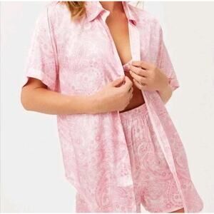 Frankies Bikinis Silk Womens Small Button Up Cover-Up Top Beach Pink Paisley